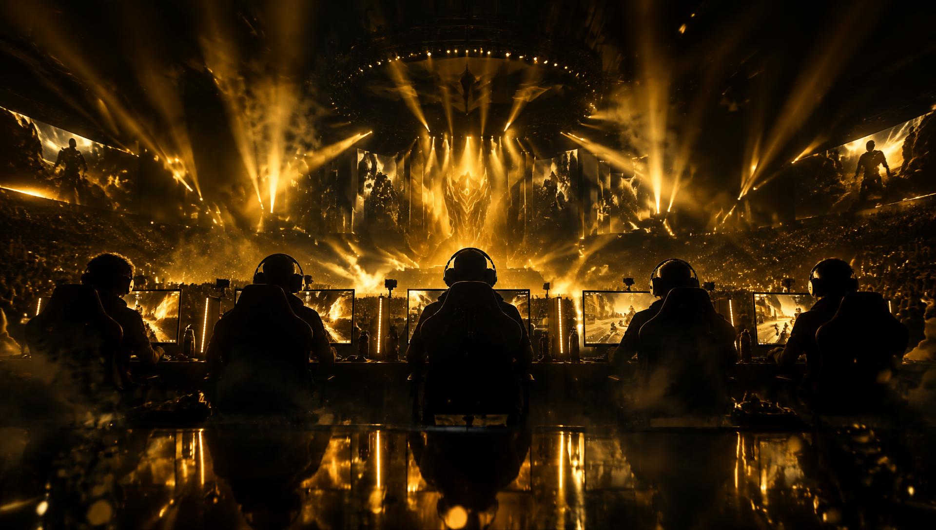Arena de e-sports iluminada em dourado